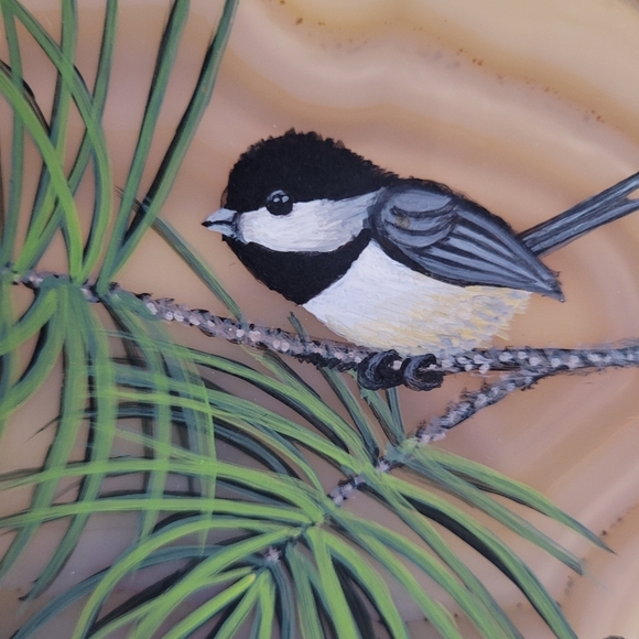 VTG Hand Painted Bird Scene On Agate Signed by Artist w/Stand - Picture 2 of 9